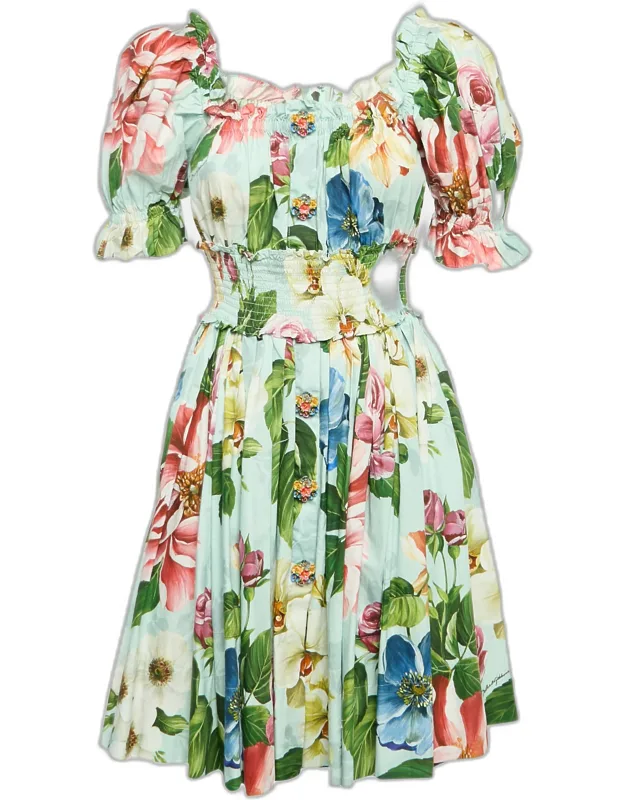 Floral Print Poplin Shirring Tiered Mini Dress