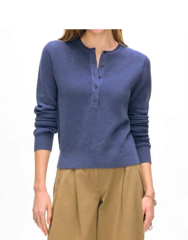 Fine Cotton Blend Ribbed Henley Sweater