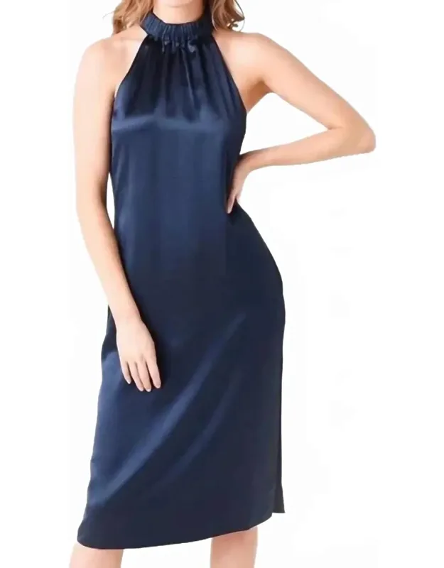 Satin Shirred Halter Neck Midi Dress