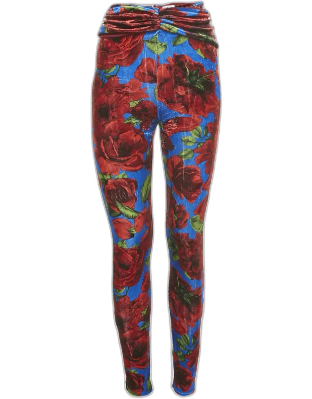 Multicolor Rose Print Velvet Drape Detail Leggings