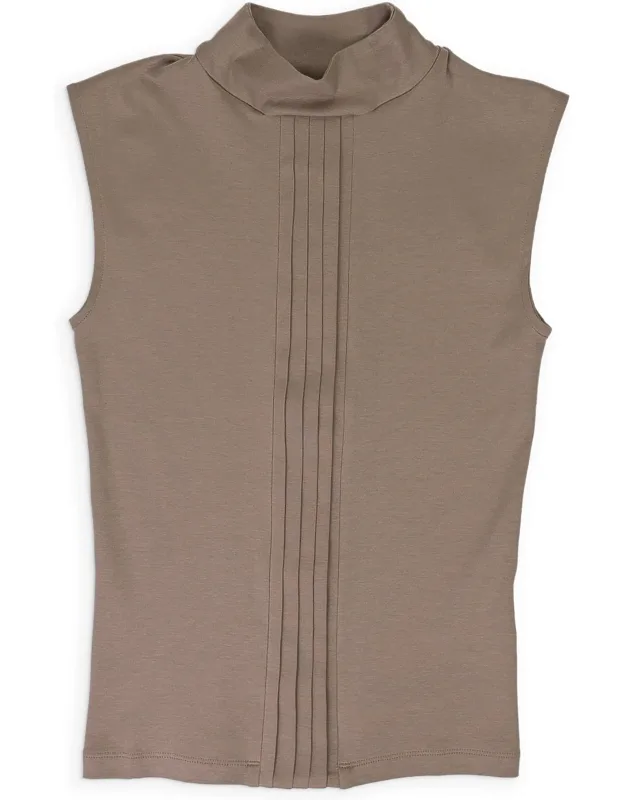 Light Brown Sand Sleeveless Top With Pleats