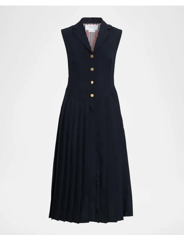 Pleated Button-front Midi Dress