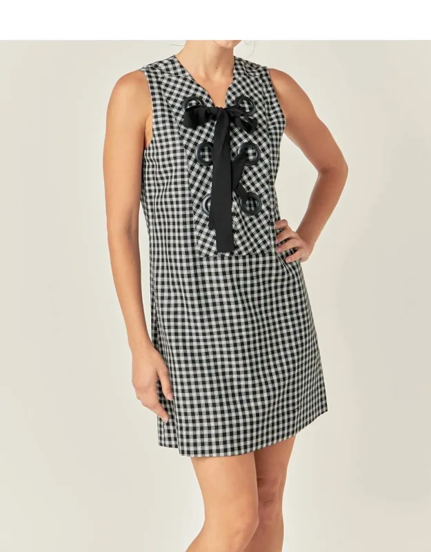 Check Sleeveless Grommet Mini Dress