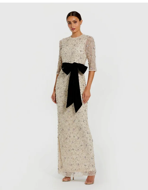 Beaded Mesh 3/4 Sleeve Column Maxi Gown With Bow Belt
