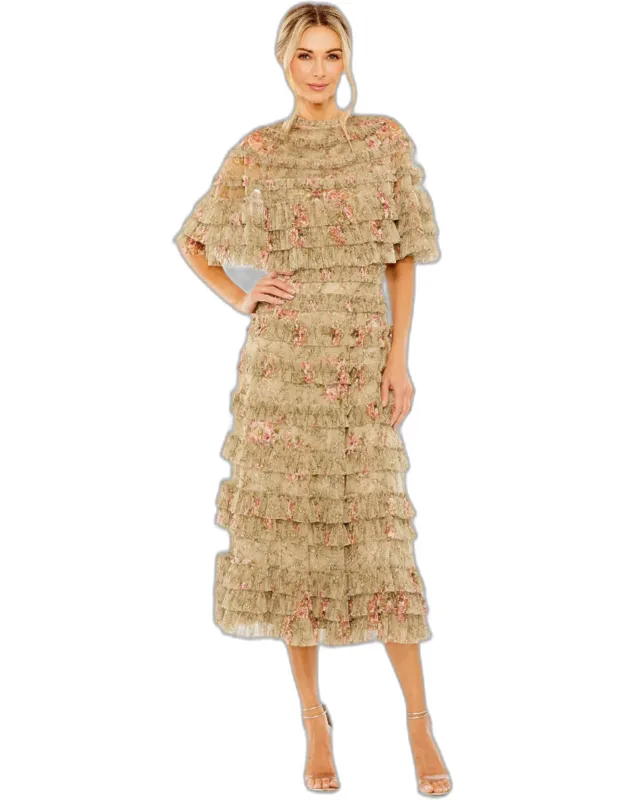 Floral Mesh Ruffle Midi Dress With Shawl
