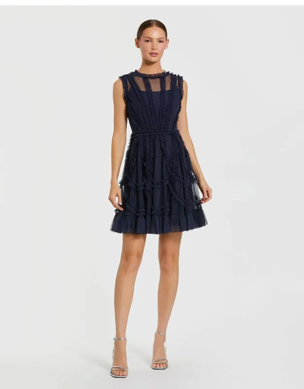 Sleeveless Mesh Micro Ruffle High Neck Mini Dress