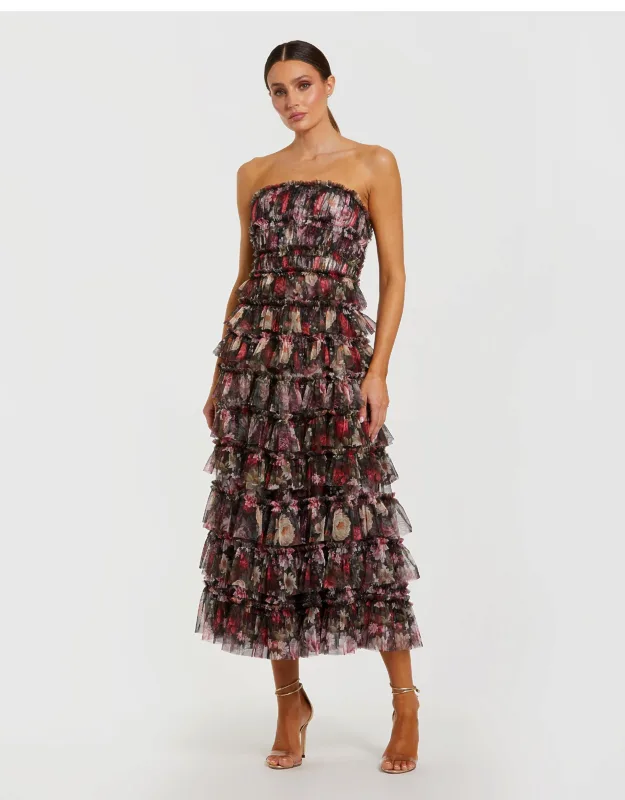 Strapless Micro Ruffle A Line Midi Dress