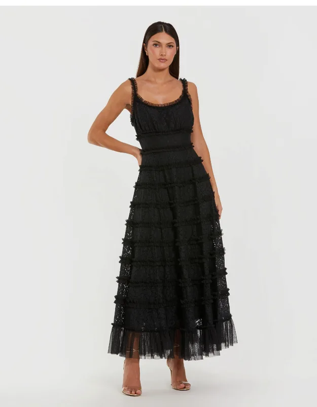 Sleeveless Lace A-line Midi Dress With Ruffles