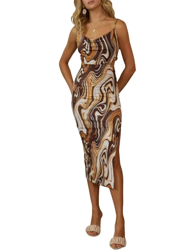Marble-print Cowl Stretch-jersey Cutout Midi Dress