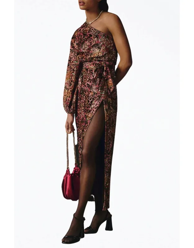 One-shoulder Belted Velvet Maxi Dress