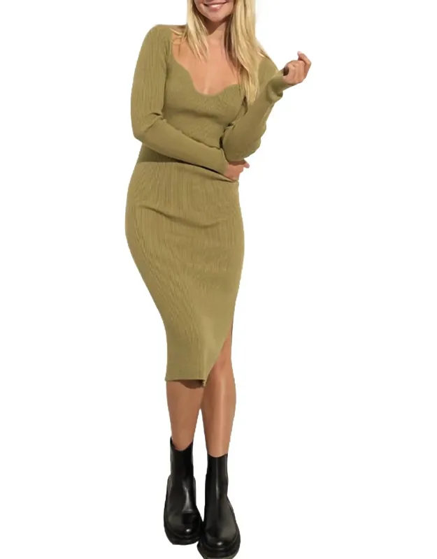 Ribbed-knit Sweetheart-neck Midi Dress