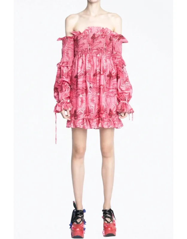 Off-the-shoulder Smocked Charmeuse Mini Dress