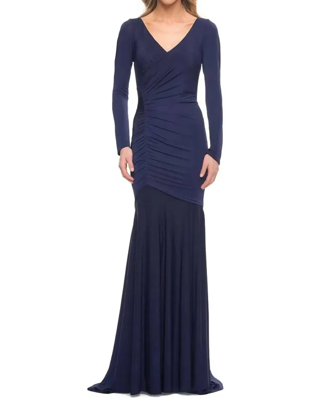 Ruched Jersey Long Sleeve Gown