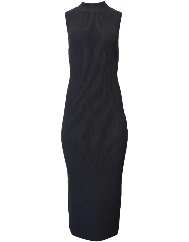 Ribbed Jersey Open-back Sleeveless Turtleneck Dress