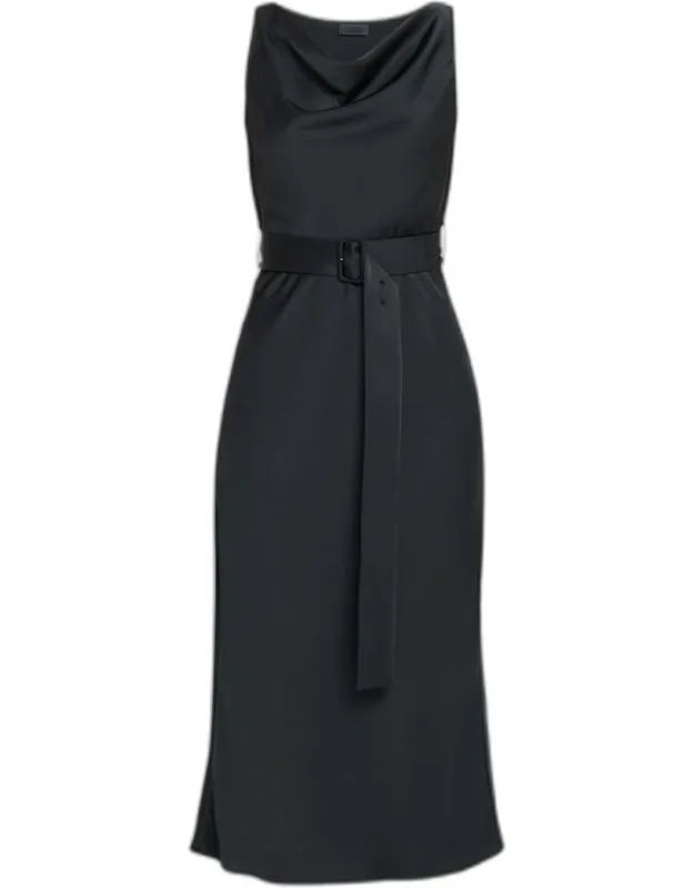 Lightweight Satin Belted Midi Dress