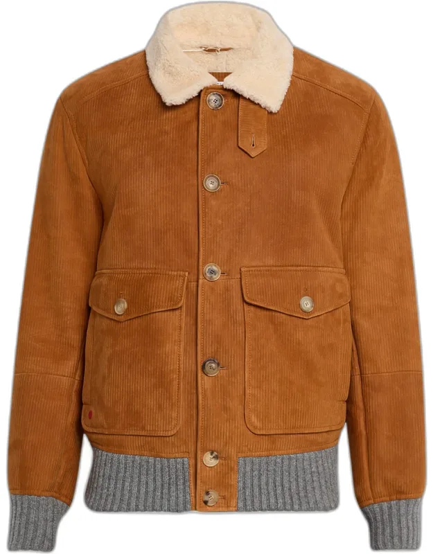 Printed Suede Shearling-collar Bomber Jacket
