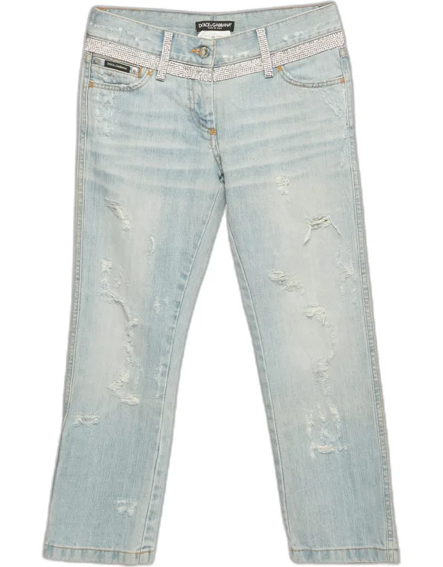 Distressed Denim Rhinestone Detail Crop Jeans