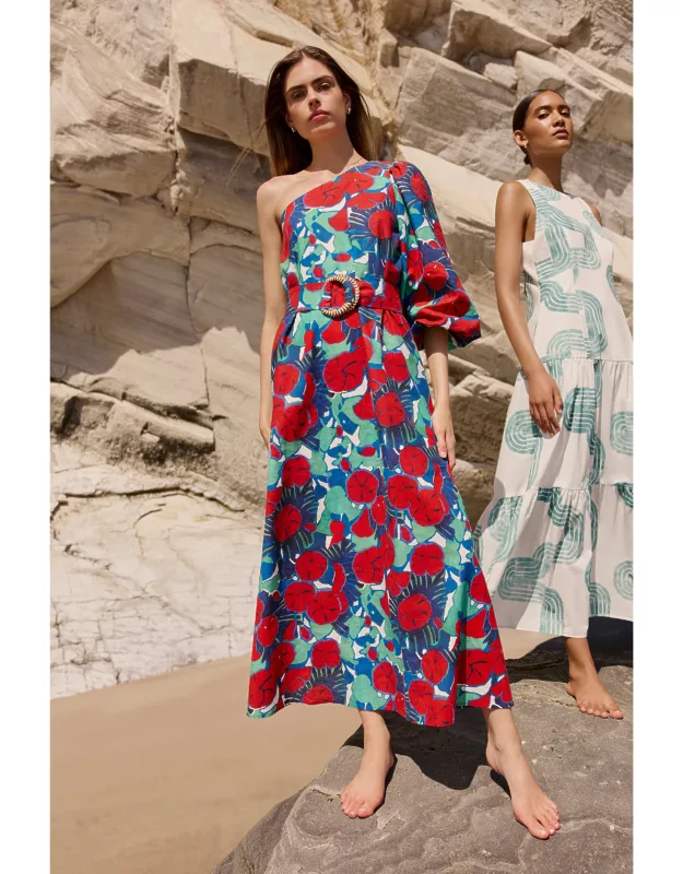 Kenna Dress With One Shoulder Bag Sleeve And Raffia D-ring Belt