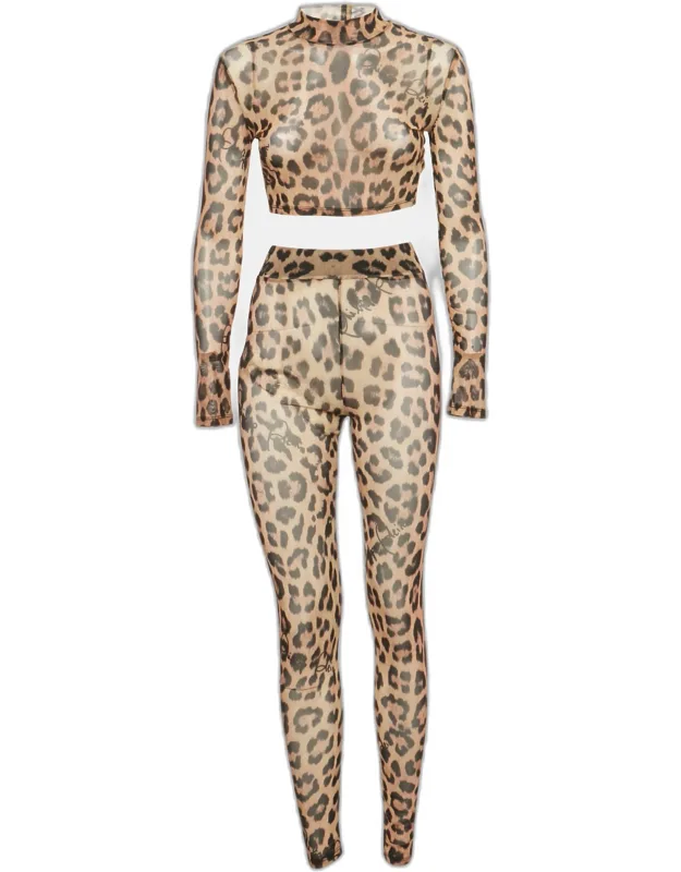 Leopard Print Stretch Mesh Semi Sheer Top And Leggings Set