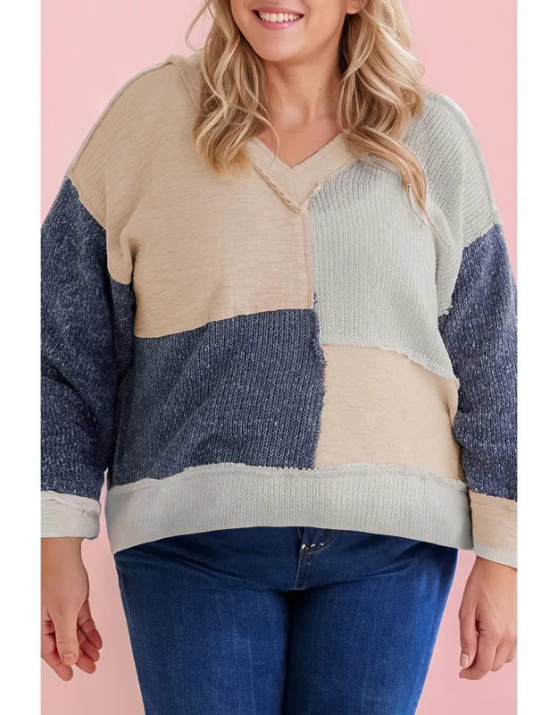 Textured Colorblock Patchwork V-neck Top