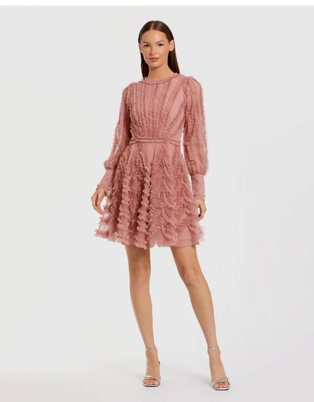 Ruffle Lace Up Back Long Sleeve Mini Dress