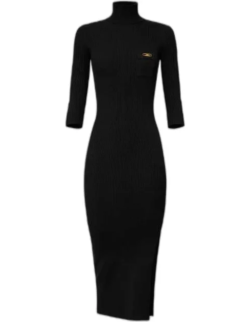 _fitted Knit Dress With Turtleneck And Side Slit_