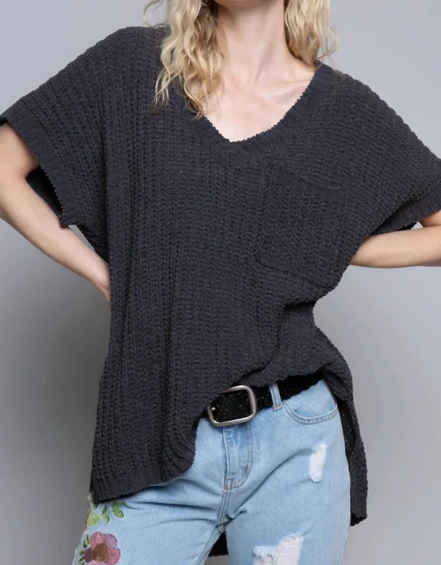 High-low Short Sleeve Chenille Sweater