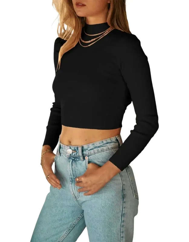 Cropped Open-back Mock Neck Sweater