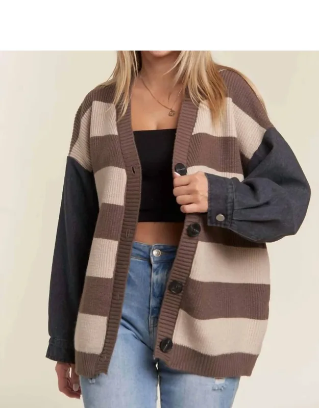 Denim Sleeve Stripe Sweater Cardigan