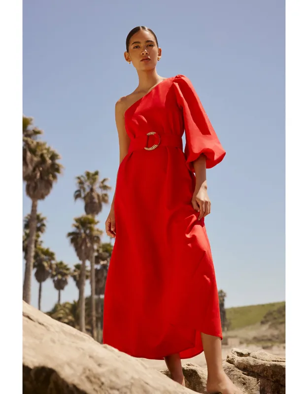 Kenna Dress With One Shoulder Bag Sleeve And Raffia D-ring Belt