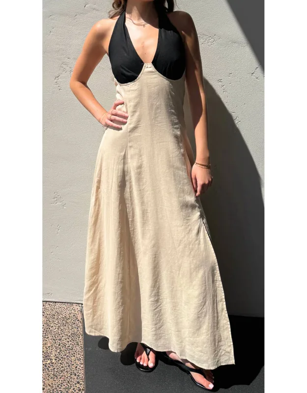 Linen Color Block Halter Dress