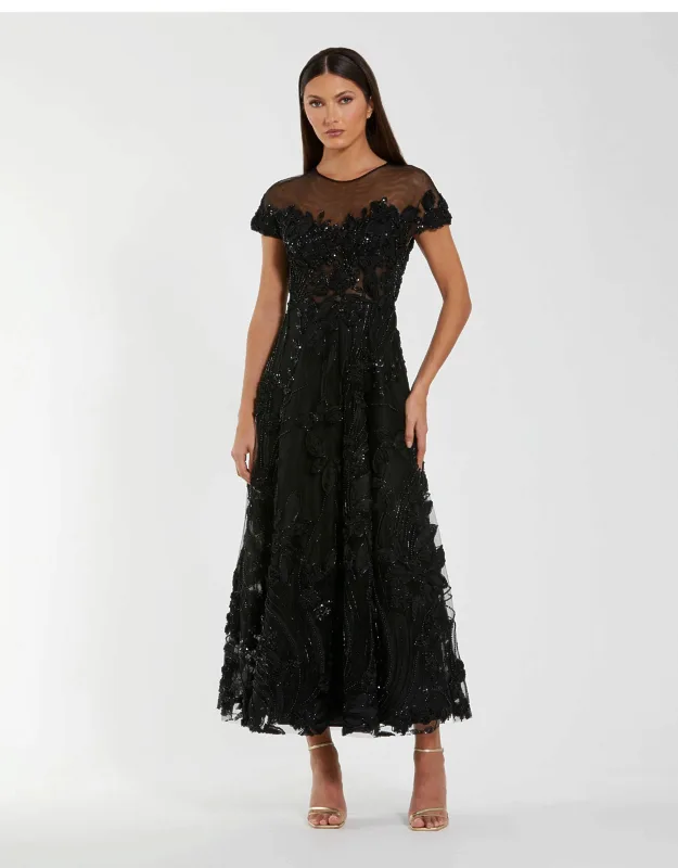 Embellished Lace Illusion Neck A-line Wedding Guest Midi Dress