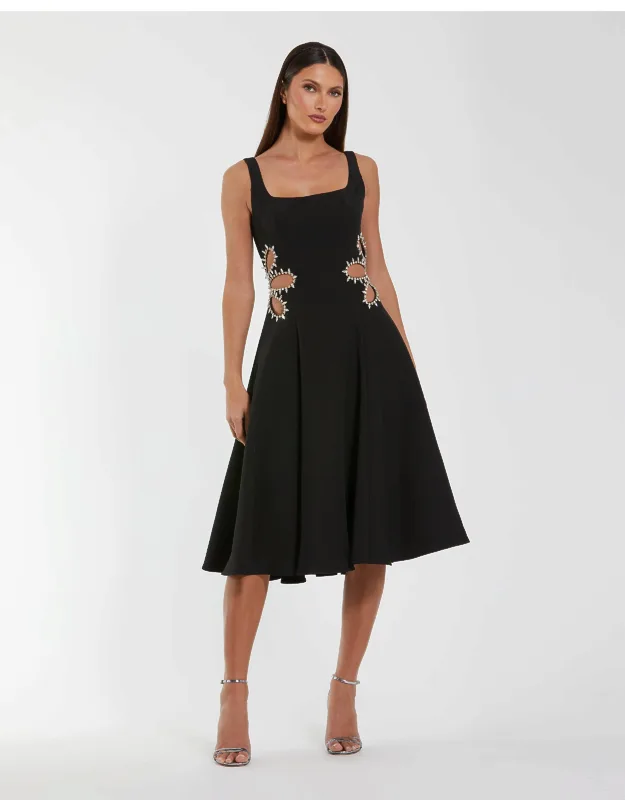 Sleeveless Crepe Rhinestone Cutout Midi Dress