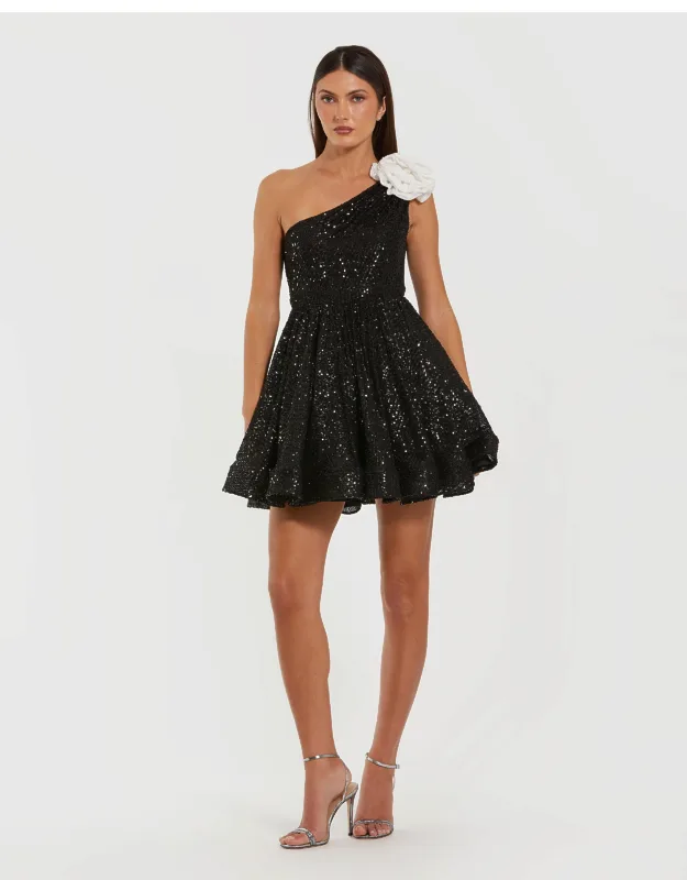 One Shoulder Sequin Mini Dress With 3d Flower