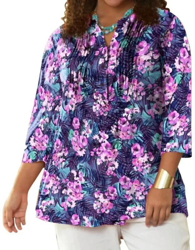 Printed Pleated 3/4 Sleeve Mandarin Collar Tunic