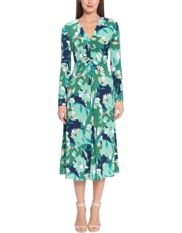 Floral Midi Dress With A-line Skirt And V-neckline