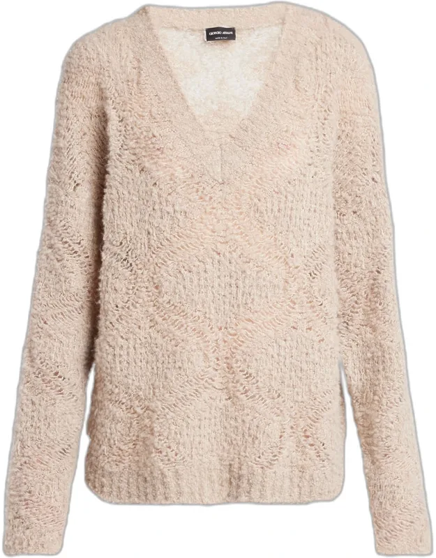 V-neck Wool Cashmere Open-knit Sweater