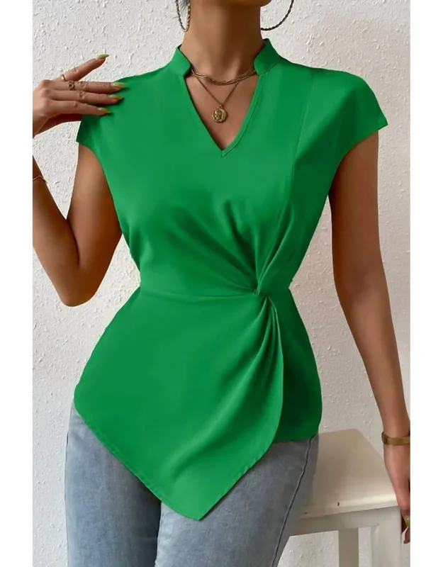 Ruched Cross Fit V Cut Knot Blouse
