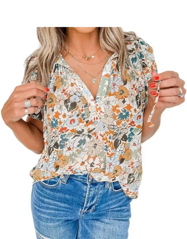 Split V Neck Puff Sleeve Blouse