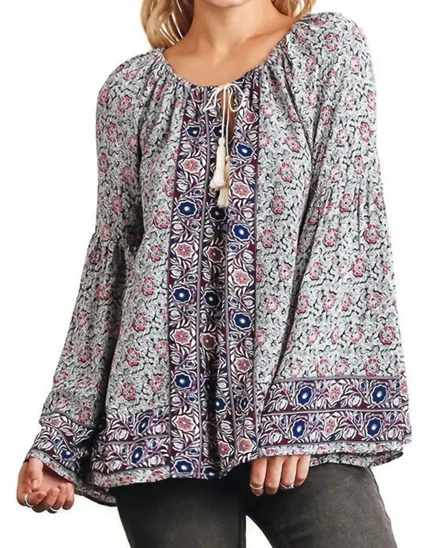 Floral Tassel Tie Peasant Top