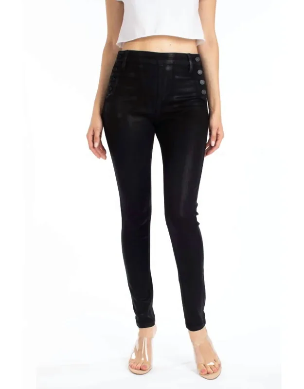 High Rise Faux Leather Button Jeans
