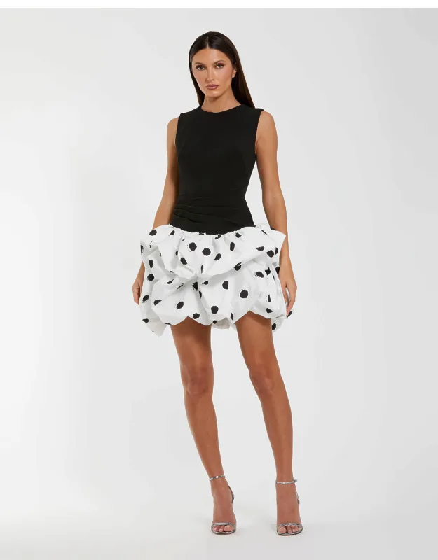 Sleeveless Crepe Mini Dress With Polka Dot Skirt