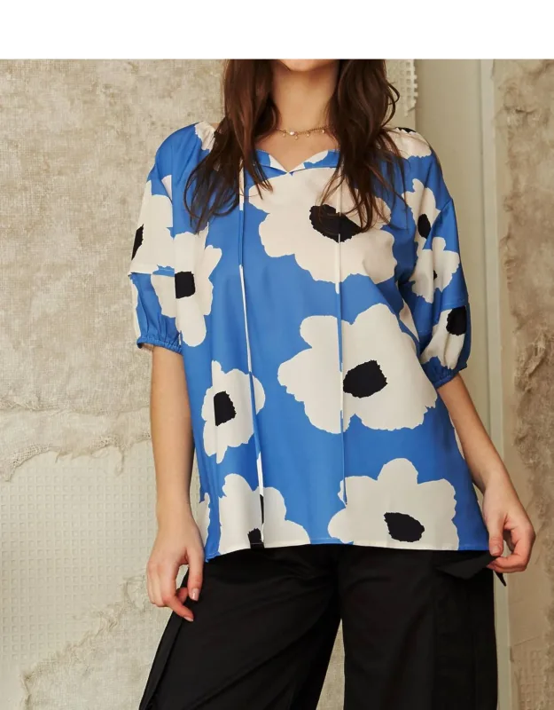 Floral Tie Front Puff Short Sleeve Blouse