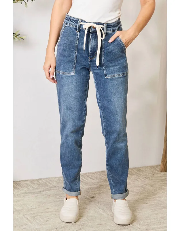 High Waist Non Distressed Drawstring Denim Joggers