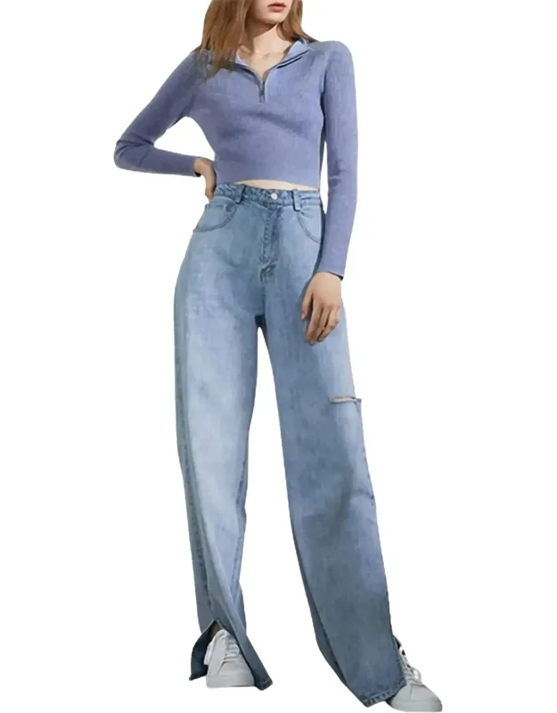 Cutout Slit-hem Wide-leg Jeans