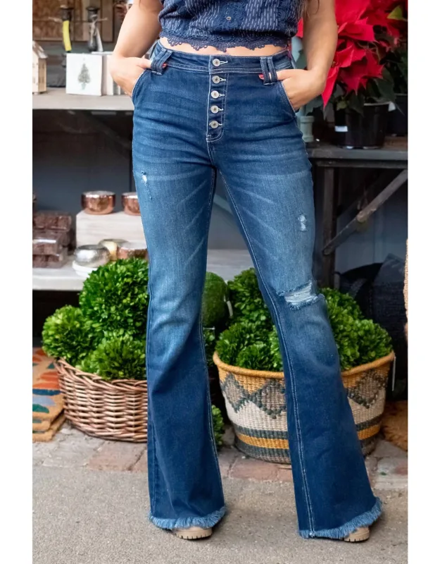 High Rise Button Flare Jeans