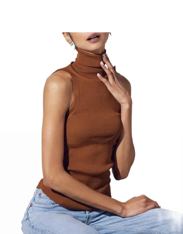 Ribbed Modal-blend Jersey Sleeveless Turtleneck Top