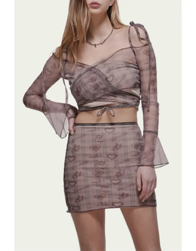 Heart-print Sheer Mesh Cropped Wrap Top