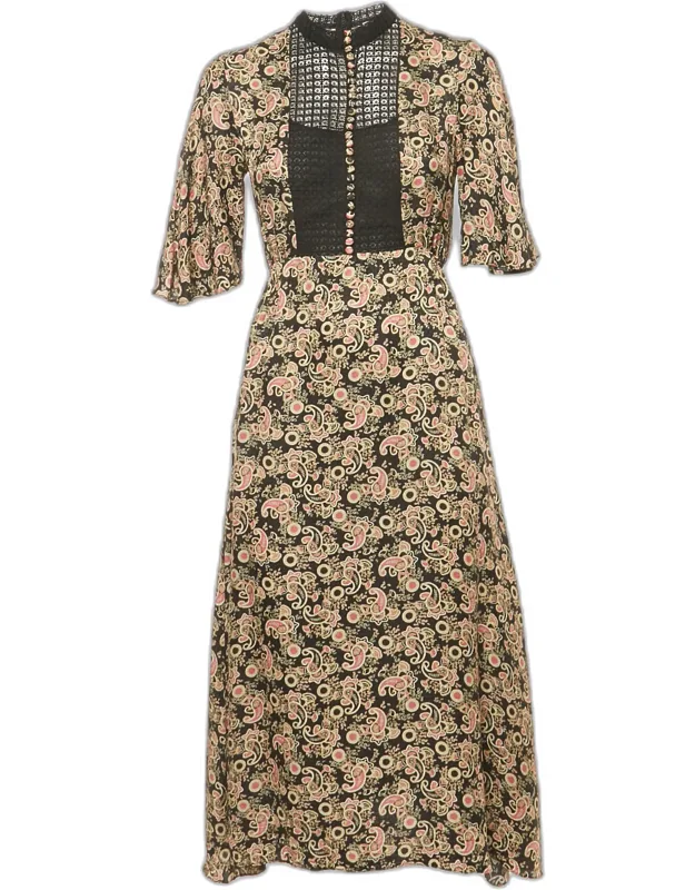 Lace Trim Paisley Print Crepe Midi Dress