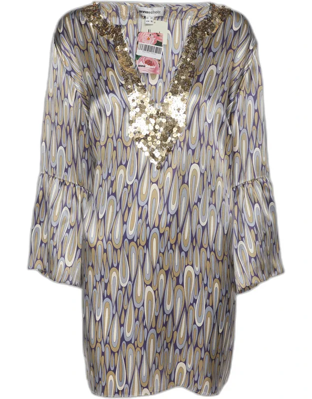 Multicolor Satin Sequin Embellishment Wide Sleeve V Neck Tunic